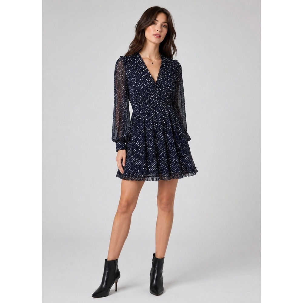 Kate Spade Dress Womens 0 Blue Celestial Silver Star Silk Long Sleeve Lined